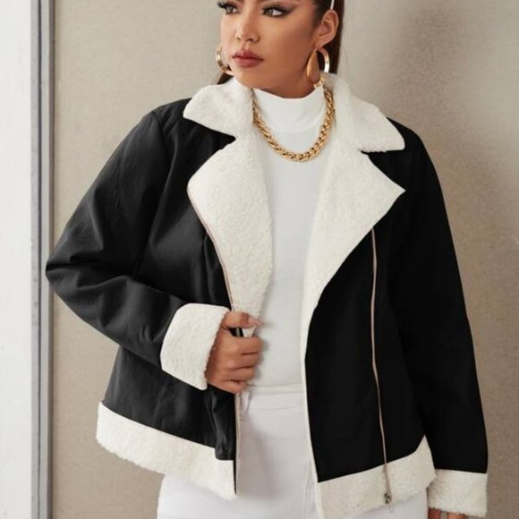 PLUS & REG BLACK white shearling teddy lined Moto - Picture 3 of 12